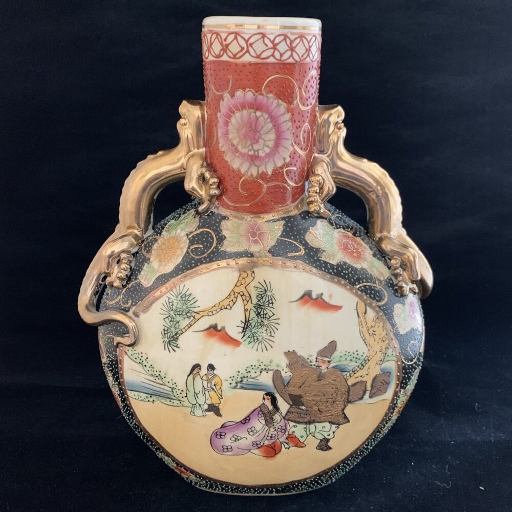 Japanese Satsuma Moriage Moon Flask Vase 12" Meiji Period Gilt Foo Dog Handles
